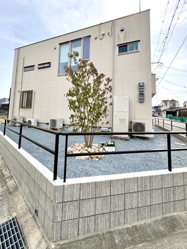 加古川市の新築外構で、シンボルツリーに常緑ヤマボウシを植えたお庭